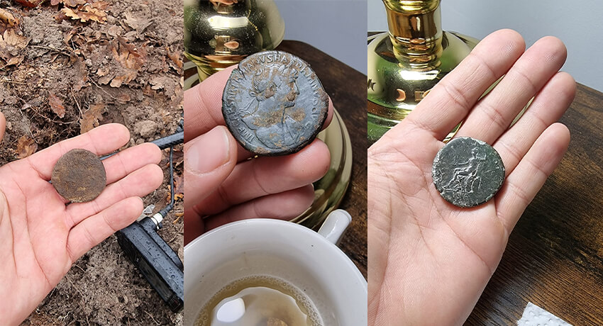 Moneta dell'Imperatore Adriano trovata con The Legend